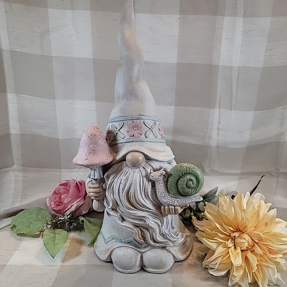Large Gnome W/ Mushroom & Snail Pastels Resin Home Garden Decor 18.75"